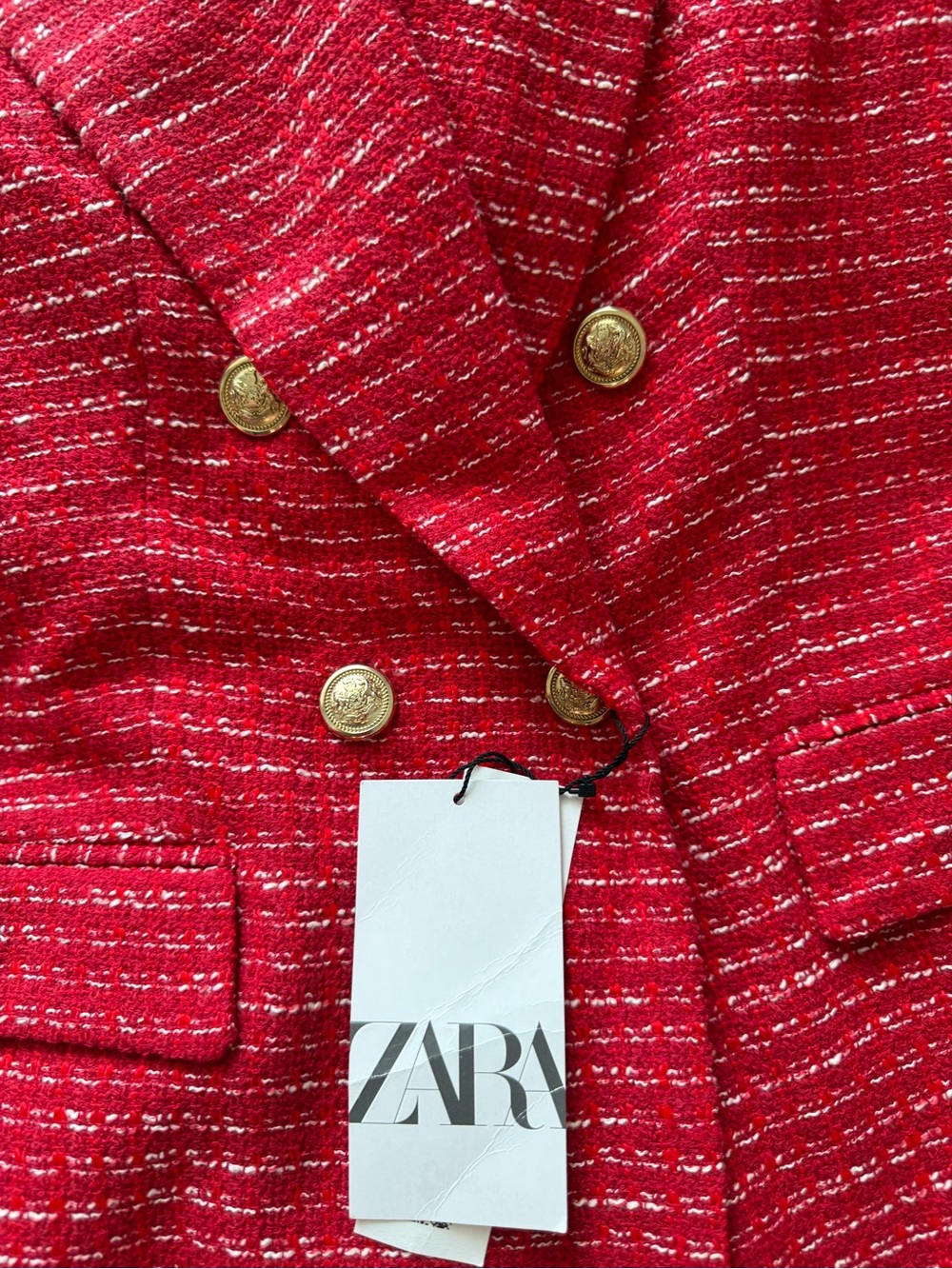 ZARA Red Tweed Double-Breasted Blazer with Gold Buttons - Picture 2 of 4